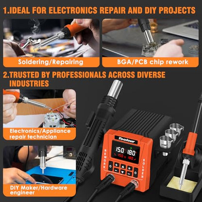 TOOLOUR 2-IN-1 851D Soldering Station, Iron Kit, 302°F-932°F Fast Heating, Hot Air Rework Desoldering Kits includes 9 Accessories, Dual Channel Control, 90-Level Airflow,ESD Save for SMD, PCB, DIY