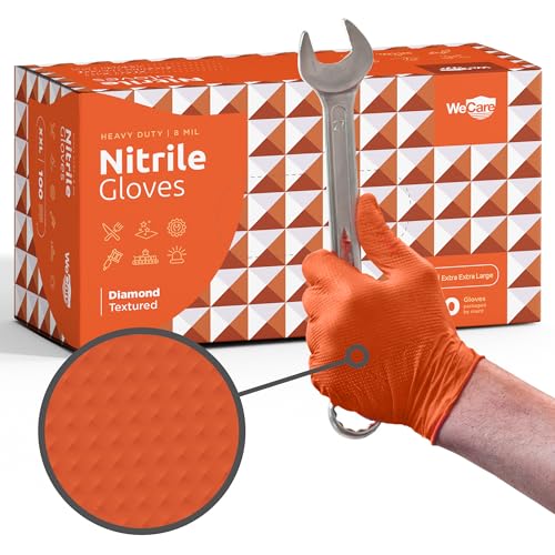 WECARE 8 Mil Nitrile Gloves - Heavy Duty Mechanic Gloves, with Diamond Grip - Powder and Latex Free Disposable Gloves - color: Orange, size: Small