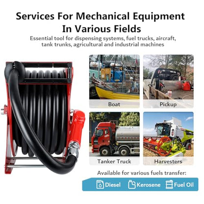 1“ x 50ft Diesel Fuel Hose Reel Retractable with Fuel Nozzle, 1 Inch Fuel Transfer Pump Hose, Auto Swivel Rewind, Max 300 PSI Tank Hose, Easy Use for Farms Boat Truck Bed Trailer Cart - color: Red, size: 1" x 50ft
