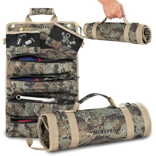 WORKPRO Camo Roll Up Tool Bag, 6-Pocket Organizer with Detachable Pouches | Compact 6-pocket camo tool roll with detachable pouches keeps tools organized for garage, workshop, jobsite, and DIY. - color: Camo
