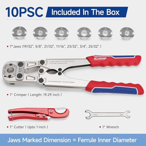 iCrimp Heavy Duty Air Hose Crimper Kit for 19/32" to 25/32" ID Ferrules | 7 Interchangeable Jaws & Cutter- Repair Tool for Rubber, Air & Torch Hoses