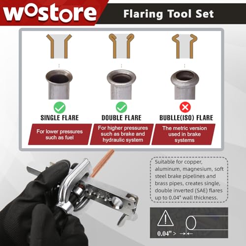 Wostore 25 FT 3/16"+1/4" Copper Coated Brake Line Kit with 44 Brass Fittings & Double/Single Flaring Tool Kit, Complete Brake Line Repair Solution for Cars, Trucks, Motorcycles