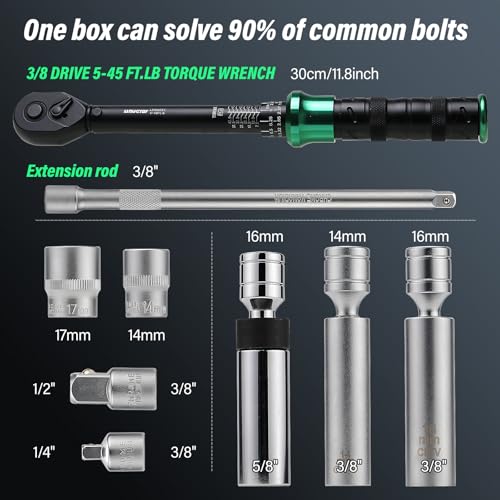 9Pcs Spark Plug Socket Set 3/8" 5-45Ft.lb Torque Wrench with Universal Spark Plug Socket, 1/2 and 1/4 Adapters and Extension Rod - style: 5-45Ft lb(9pcs)