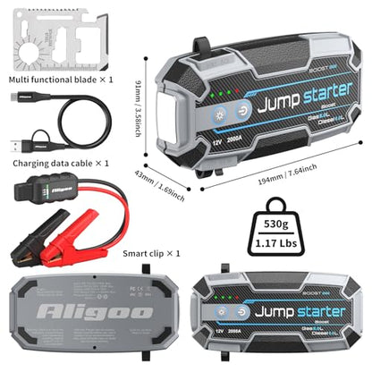 Car Battery Jump Starter 2000A with USB C 100W Fast Charge IP67 Waterproof Battery Jumper Starter Portable for Car Emergency Magnetic Hook Led Lights Outdoor Camping Traveler Boat SUV Truck
