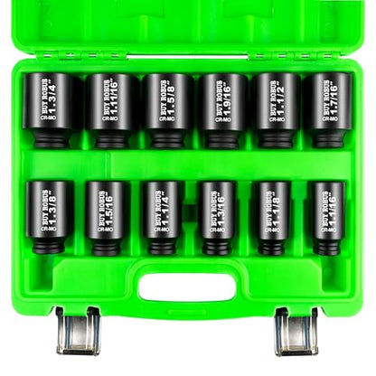 1/2"12-Piece Extended Drive Impact Socket Set, Deep SAE Spindle Axle Nut Impact Socket Set, Cr-Mo, 1-1/16, 1-1/8, 1-3/16, 1-1/4, 1-5/16, 1-3/8, 1-7/16, 1-1/2, 1-9/16, 1-5/8, 1-11/16, 1-3/4 Socket - size: 12 Piece 1/2" SAE Impact Socket Set