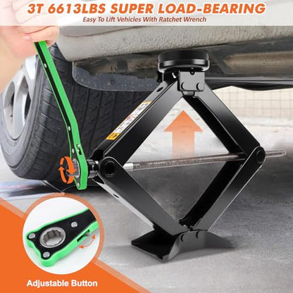 Portable Car Jack Kit, 3 Ton Auto Scissor Jack Kit for Tesla Model Y Model 3/S/X, Tire Repair Kit with 2 Tesla Specific Jack Pads & Lug Wrench, Universal Car Emergency Set for Sedan/SUV/MPV