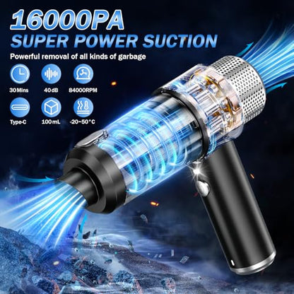 KMM Handheld Car Vacuum Cleaner, Hand Held Vacuum Cleaner & Air Duster | 16000PA Strong Suction, 120W High Power, Portable & Rechargeable, LED Light, Multi-Nozzles for Home, Car, Office, Pet - color: Black & Silver