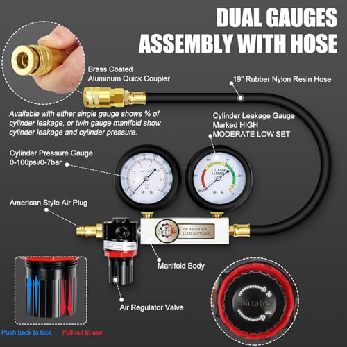 JIFETOR Cylinder Leak Down Tester Kit, Automotive Engine Compression Dual Gauge Leakdown Test Set with 10 12 14 18mm Spark Plugs Universal for Small Engine Motorcycle ATV, Black Case - color: Black Case