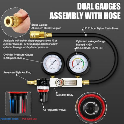 JIFETOR Cylinder Leak Down Tester Kit, Automotive Engine Compression Dual Gauge Leakdown Test Set with 10 12 14 18mm Spark Plugs Universal for Small Engine Motorcycle ATV, Black Case - color: Black Case