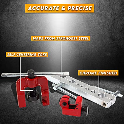Flaring Tool Set (9 Piece - Professional Grade) Heavy Duty Brake Line Flaring Tool Kit and Swage Tool, Flare Tool with Tubing Straightener or Cutter (Not a Double Brake Flaring Tool)