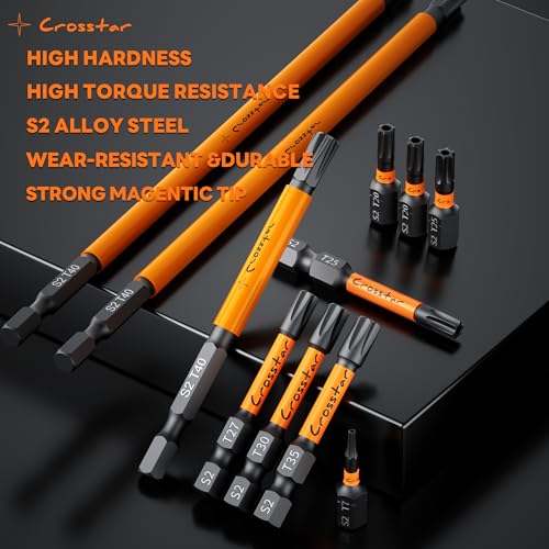 Crosstar 16 Pcs 2" Impact Torx Bit Set, S2 Steel Magnetic Security Star Bits, Tamper Proof Torx Screwdriver Bits with CNC Tips for Drill/Driver, Automotive, Woodworking & Home Repair - size: T7-T40 (2IN)
