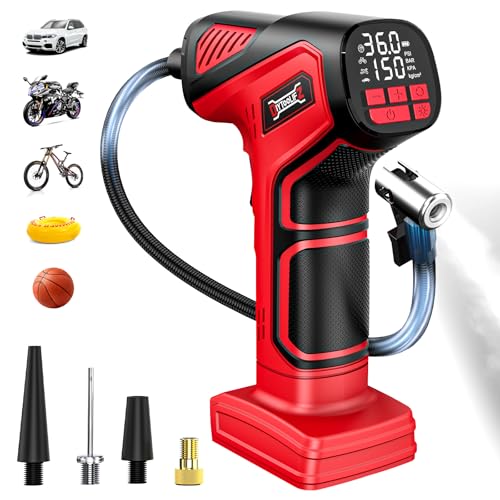 DIYtoolifz 150PSI Tire Inflator Portable Air Compressor: Cordless Air Pump Compatible with Milwaukee 18V Battery - Car Tire Pump with LCD Display & LED Light for Auto, Motorcycles (Tool Only) - color: Red- Compatible With Milwaukee 18v(baretool), size: 15