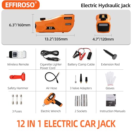 Electric Car Jack 5 Ton 12V Hydraulic Jack Kit with Impact Wrench & Tire Inflator Pump, Wireless Remote & Touch Screen, 3-Mode LED for SUV MPV Sedan Truck – Garage, Roadside, Tire Change