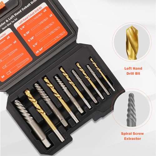 10PCS Stripped Screw Extractor Set, 35# Cr-Mo & 6542 HSS Steel Cobalt Left Handed Drill Bit | Broken Screw Extractor Kit | Easy Out Screw Extractor Set Removing Stripped Screws Broken Bolts - size: Upgarded Kit-10PCS