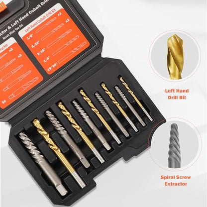 10PCS Stripped Screw Extractor Set, 35# Cr-Mo & 6542 HSS Steel Cobalt Left Handed Drill Bit | Broken Screw Extractor Kit | Easy Out Screw Extractor Set Removing Stripped Screws Broken Bolts - size: Upgarded Kit-10PCS