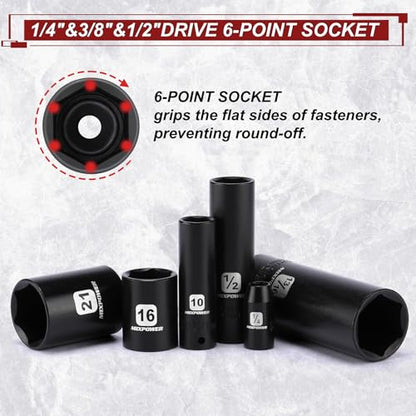 MIXPOWER 153 Pieces 1/4"&3/8"&1/2" Drive Mechanic Tool Set,Metric/SAE,6-Point,Deep and Shallow Sockets,Impact Universal Joint Swivel Sockets,Impact Socket Extension Bar - size: 1/4"&3/8"&1/2" Drive