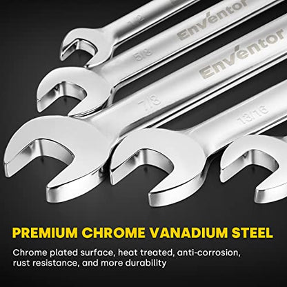 Enventor 12 Pieces SAE 1/4-7/8", 180° Flex Head Ratcheting Wrench Set, CRV Steel, 72-Teeth, 12-Point Combination Ratchet Wrenches Set with Rolling Pouch - size: SAE-12PCS