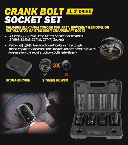 4 Pack Crank Bolt Socket Set, 17MM, 21MM, 22MM, 27MM, Harmonic Balancer Socket Set, 1/2-Inch Metric Deep Impack Socket Kit Set, 3 Times Momentum Power of Standard Impact Sockets