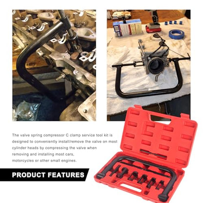 Valve Spring Compressor C Clamp Service Kit, Valve Spring Clamp with Collet Pusher Adapters Extension Rods, Auto Compression C-Clamp Kit for Motorcycle ATV Car Small Engines