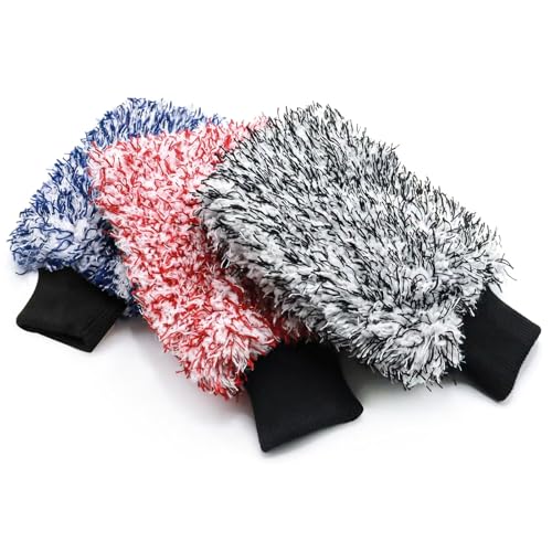 Microfiber Car Wash Mitt - 3 Pack Scratch Free Mitts with Blue, Red and Black, Machine Washable, Lint Free, 10 Inch X 8 Inch Glove