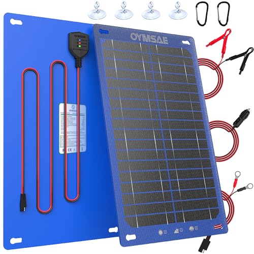 OYMSAE 12V 15W Solar Trickle Charger & Maintainer - Waterproof Battery Charger with Smart Controller for Car Boat RV Truck Marine - Includes Cigarette Plug & Alligator Clips - size: 15W