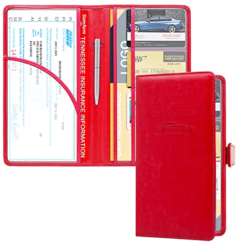 RSAquar Car Registration and Insurance Holder, Leather Car Glove Box Organizer, Cool Car Accessories for ID, Driver's License Cards & Essential Document, Men&Women, Red - color: Red