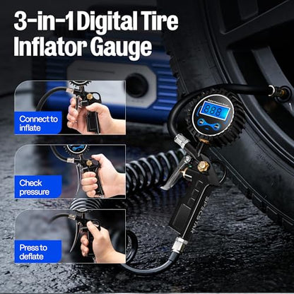 SPECSTAR 2 Pack Digital Tire Inflator with Pressure Gauge, Night Available 250 PSI Air Chuck and Compressor Accessories with Rubber Hose and Quick Connect Attachment for 0.1 Display Resolution