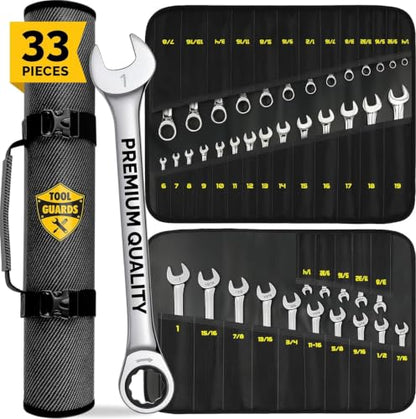 Ratcheting Wrench Set – 33-Piece SAE & Metric Combination Wrenches, 72-Tooth Chrome Vanadium, 5° Arc, Slim Profile, Dual Tool Rolls, for Mechanics & DIY - size: 33 PIECES METRIC/INCH TOOL ROLL