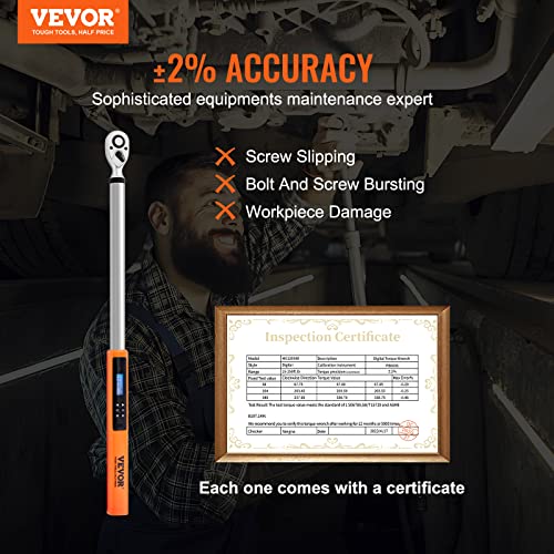 VEVOR Digital Torque Wrench 1/2" Drive(25-250ft.lb/34-340n.m), ±2% Torque Accuracy, 3-Mode Adjustable Electronic Torque Wrench with LED Buzzer Calibration - size: 25-250 FT.LB, style: 1/2-Inch