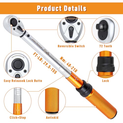 CARTMAN 1/2-Inch Drive Click Torque Wrench, Dual Range Moto Repair Tool Set | Dual range click torque wrench with quick release, reversible ratchet, calibrated accuracy for MTB, e-bike, and moto fix use. - style: 1/2 Inch Drive