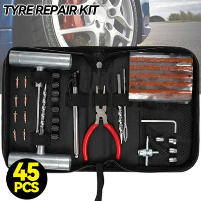 AUTOXBERT Universal Tire Repair Kit 45Pcs Heavy Duty Car Emergency Tool Plug Set | quick puncture fix;refined quality steel;airtight seal flex;fit tractors mowers;t-handle spiral tool;portable storage case; - size: 45pcs Compact kit