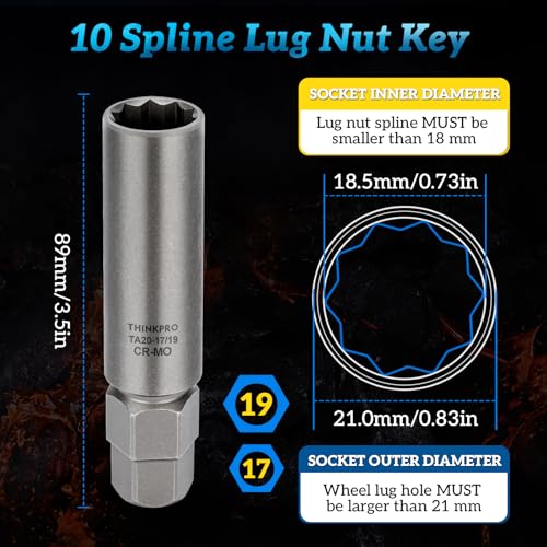 10 Spline Lug Nut Socket for TA20 17/19 Spline Lug Nut Key | Dual Drive 10 Point Wheel Lock Key, Compatible with Bimecc 10 Point Socket - color: Ta20-17/19