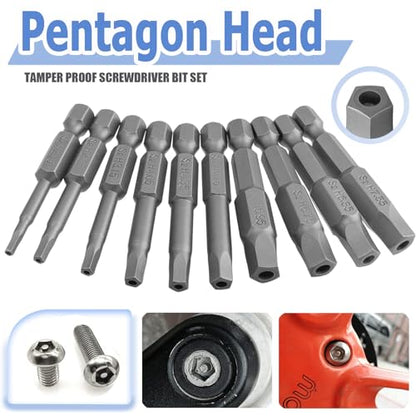 Mesee 10 Pieces Torx Star 5 Point Security Tamper Proof Screwdriver Bits with 1/4" Hex Shank H2.15-H7.55 Magnetic Pentagon Head Screw Driver Bits, 2-Inch Length