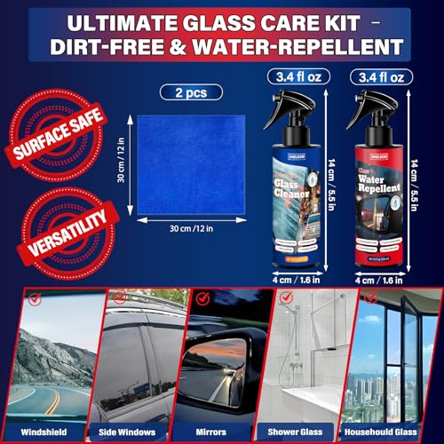 SHIELDOM Car Glass Cleaner Water Repellent Kit, Cleans & Adds Hydrophobic Protection, Streak-Free Cleaner Rain Repellent Spray Safe on Car Windshield, Tinted Windows, Mirrors, Trucks, SUVs & Home