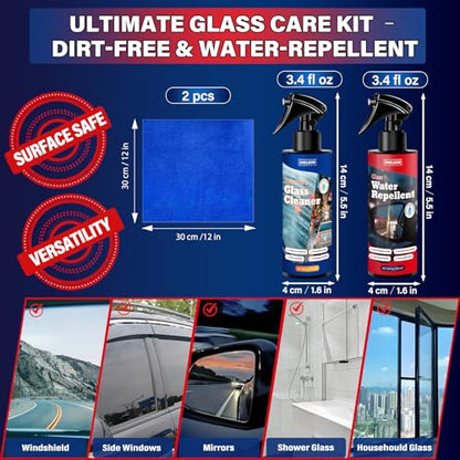 SHIELDOM Car Glass Cleaner Water Repellent Kit, Cleans & Adds Hydrophobic Protection, Streak-Free Cleaner Rain Repellent Spray Safe on Car Windshield, Tinted Windows, Mirrors, Trucks, SUVs & Home