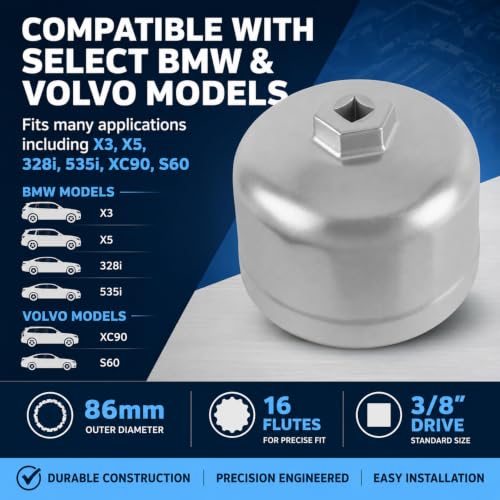 86mm 16 Flute Oil Filter Wrench for BMW Volvo, 6061 Aluminum Oil Filter Cap Removal Tool, 3/8" Drive Compatible, Fits N54 N55 N20 N63 BMW X3 X5 328i 535i Volvo XC90 XC70 S60 Oil Change Kit
