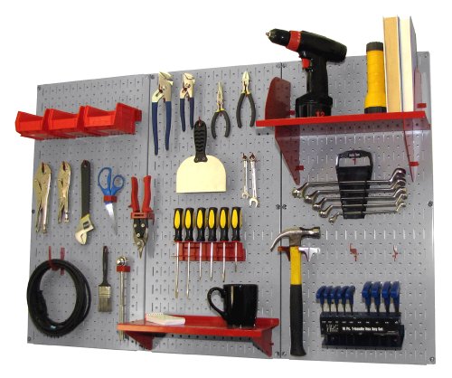 Wall Control Pegboard Organizer 4 ft. Metal Pegboard Standard Tool Storage Kit with Gray Toolboard and Red Accessories - color: Gray Pegboard with Red Accessories