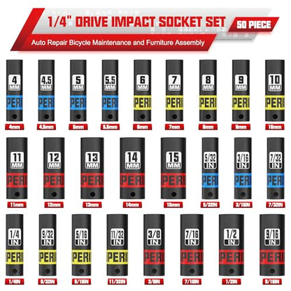 50 Piece 1/4" Drive Impact Socket Set, SAE (5/32" - 9/16") & Metric (4 mm - 15 mm), Deep and Shallow Sockets, Auto Repair Bicycle Maintenance and Furniture Assembly - size: 1/4" Metric & SAE