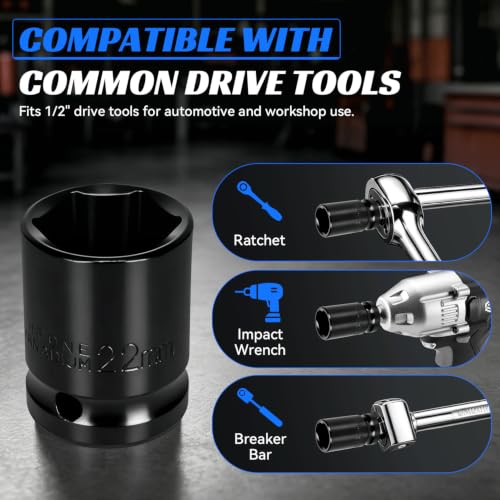 2PCS 22mm Impact Socket 1/2" Drive, 6 Point Metric Shallow Socket, CR-V Steel Heavy Duty Impact Wrench Socket for Automotive Repair - size: 22mm