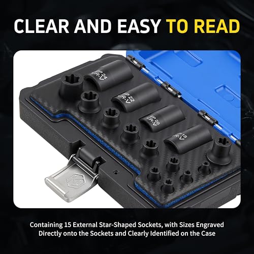15pc External Torx Plus Socket Set Compatible with Tesla, 6 Point EP Sockets EP4, EP5, EP6, EP7, EP8, EP10, EP11, EP12, EP14, EP16, EP18, EP20, EP22, EP24 with 1/2'' 3/8'' 1/4'', Black - color: Black