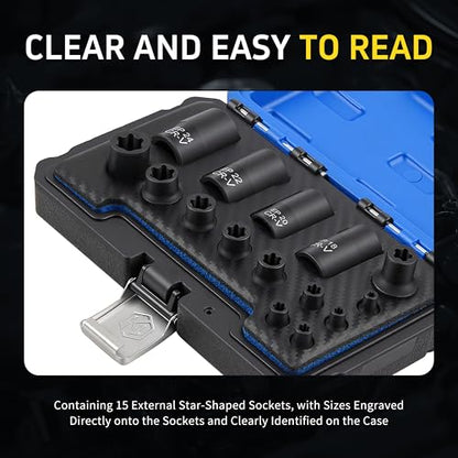 15pc External Torx Plus Socket Set Compatible with Tesla, 6 Point EP Sockets EP4, EP5, EP6, EP7, EP8, EP10, EP11, EP12, EP14, EP16, EP18, EP20, EP22, EP24 with 1/2'' 3/8'' 1/4'', Black - color: Black