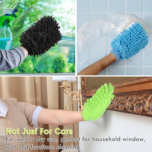 3 Pack Chenille Microfiber Car Wash Mitt, 7" x 9.6", Blue, Green, Grey | Car Washing Mitts, Home Dusting Gloves, Scratch Free Lint-Free, Highly Absorbent, Double Sided, for Cleaning Detailing Polish - color: Blue,green,grey