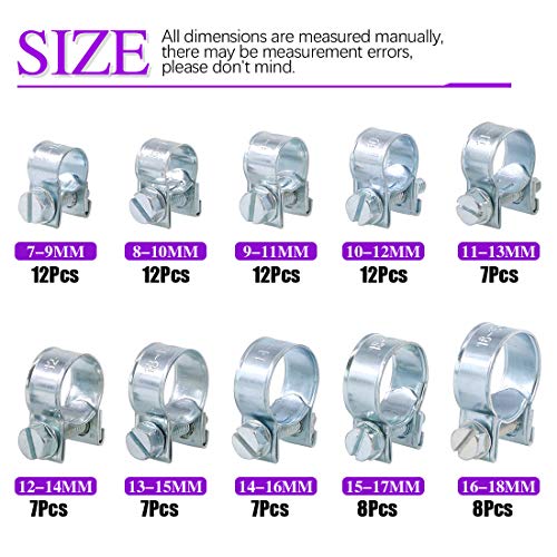 Swpeet 92Pcs 10 Sizes Zinc Plated Mini Fuel Injection Line Style Hose Clamp Assortment Kit Perfect for Automotive, Agriculture, Plant & Construction