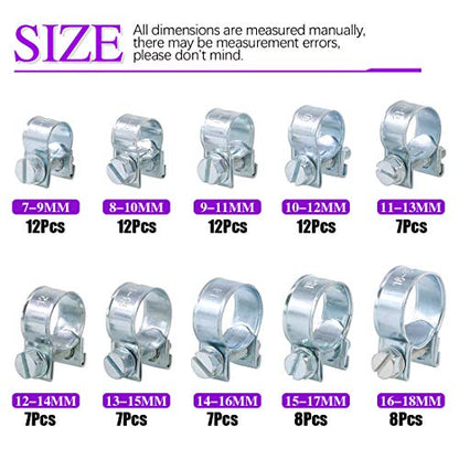 Swpeet 92Pcs 10 Sizes Zinc Plated Mini Fuel Injection Line Style Hose Clamp Assortment Kit Perfect for Automotive, Agriculture, Plant & Construction