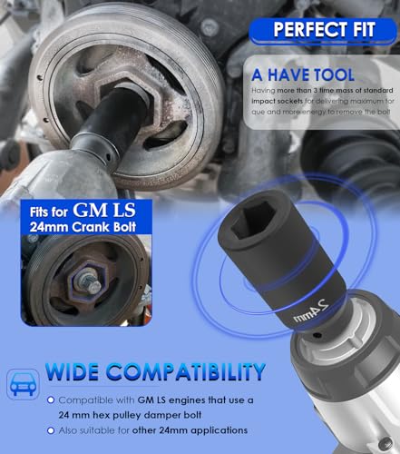 For GM LS 24mm Crank Bolt Socket 77070 Harmonic Balancer Socket Tool, 3 Times Momentum Power of Standard Impact Socket for Stronger Torque, Deep Counter-Weighted Design - size: 24mm