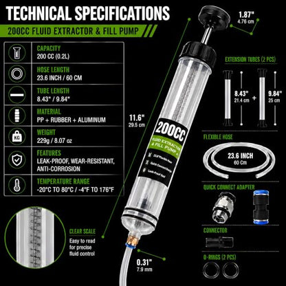 200CC Fluid Extractor Pump, Oil Extractor Pump with 2 Flexible Hoses, Manual Fluid Transfer Pump for Transmission Fluid, Brake Fluid, Coolant, Differential, Gear Oil, Automotive Fluid Extractor