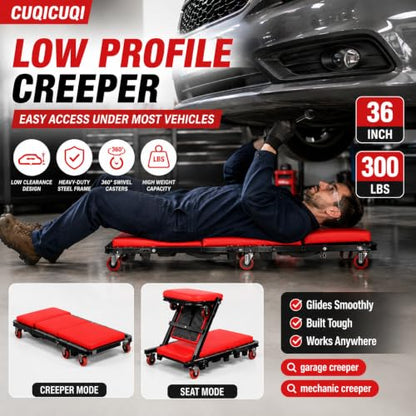 Automotive Creeper, 36 Inch Z-Shaped Garage Creeper, Low Profile Mechanic Creeper Seat with 300 lbs Capacity, 360° Swivel Casters for Car Repair, Garage and Workshop