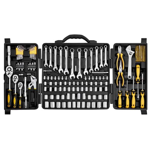 VEVOR Mechanics Tool Set 207 Pieces 1/4" 3/8" 1/2" Drive Sockets -SAE and Metric Mechanic Tool Kit with Bits - Wrenches, Ratchet Handle, Accessories, and Plastic Storage Case - for Automotive Repair - size: 1/4"&3/8"&1/2", style: 207 PCS