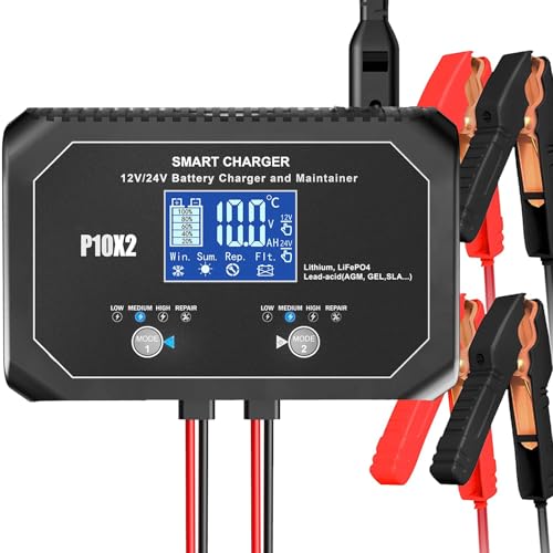 2-Bank 20A(10A/Bank) Car Battery Charger, 12V 24V Automatic Automotive Charger, Battery Maintainer, Trickle Charger for Car, Motorcycle, Marine, Boat, Lead-Acid, Lithium, LiFePo4 Battery
