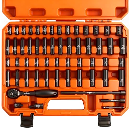 HORUSDY 56-Piece 1/4" Drive Impact Socket Set, Standard SAE (5/32 to 9/16 inch) and Metric (4-15mm) Size, 6 Point, Cr-V, 1/4-Inch Drive Ratchet Wrench, Drive Extension Bar, Impact Universal Joint - style: 56PC 1/4" Set + Ratchet